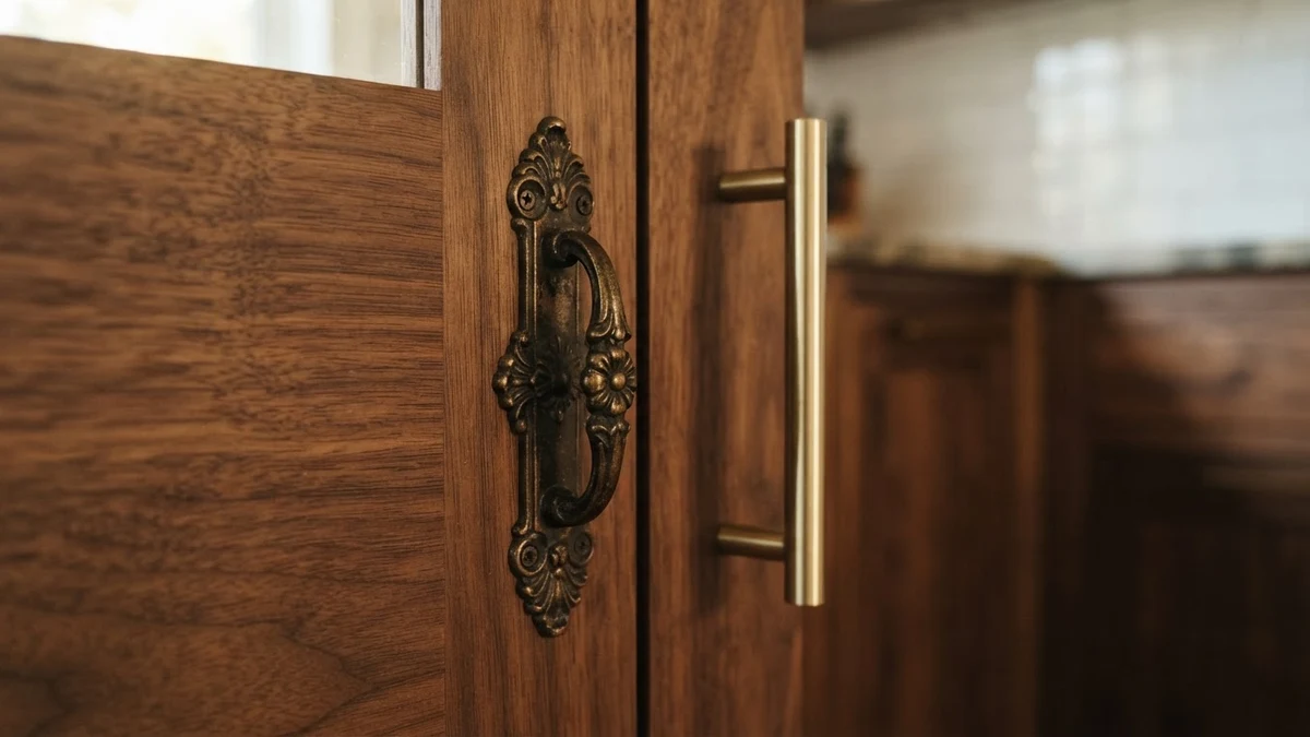 Two mismatched brass handles on one cabinet, illustrating letters borrowed from another block
