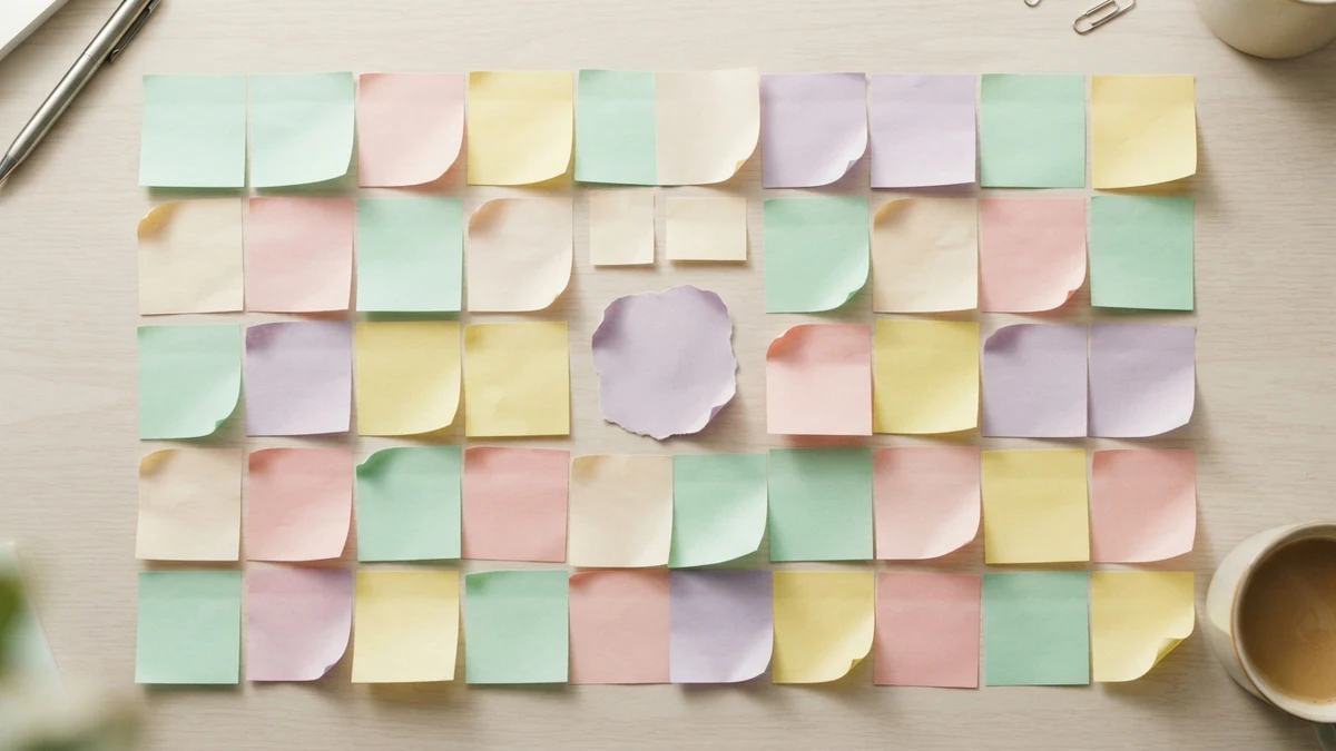 Pastel sticky notes laid out in a grid, like a grid of copyable kaomoji and emoji