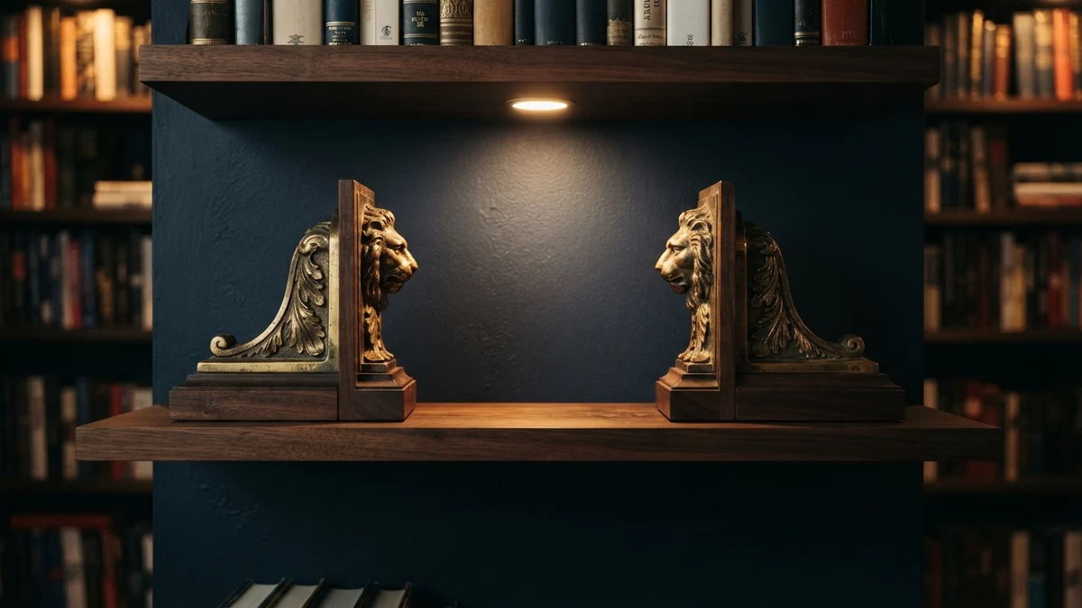 Two mirrored brass bookends, illustrating letters that flip into each other Two mirrored brass bookends, illustrating letters that flip into each other