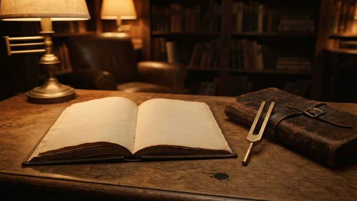 A linguistics notebook and tuning fork, illustrating the phonetic origin of small capital letters A linguistics notebook and tuning fork, illustrating the phonetic origin of small capital letters