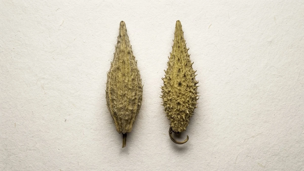 Two similar seed pods, one hooked, illustrating a lookalike letter substituted for Q Two similar seed pods, one hooked, illustrating a lookalike letter substituted for Q