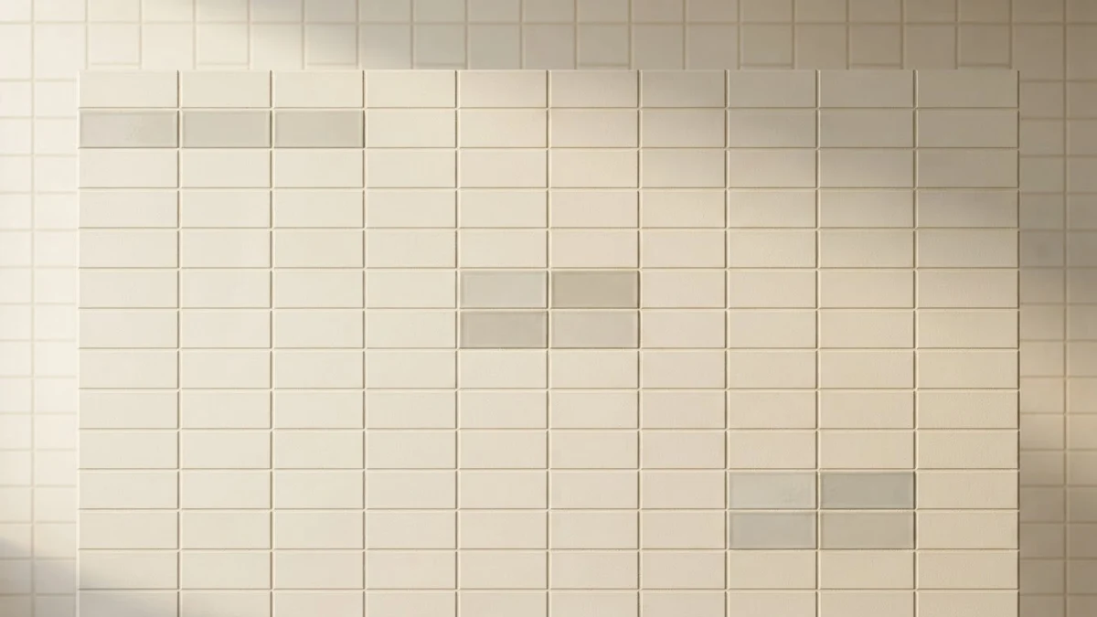 A tiled wall with eight subtly different tiles, illustrating uneven rendering in cursive text