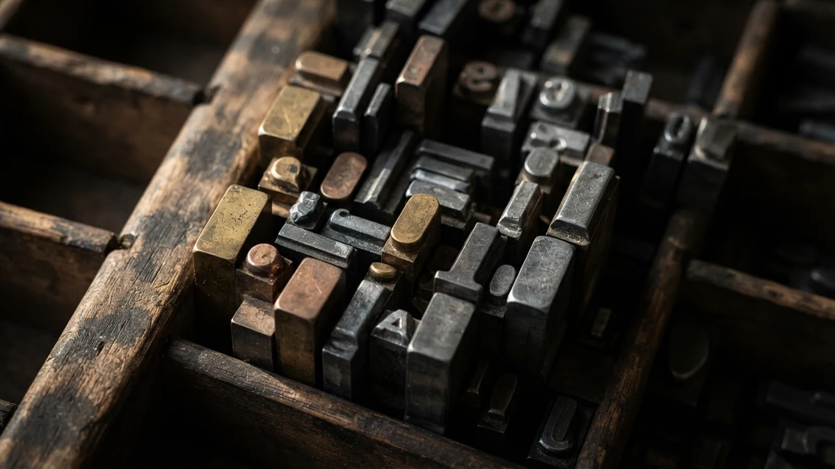 Letterpress metal type sorts in a wooden tray, each character a separate physical block