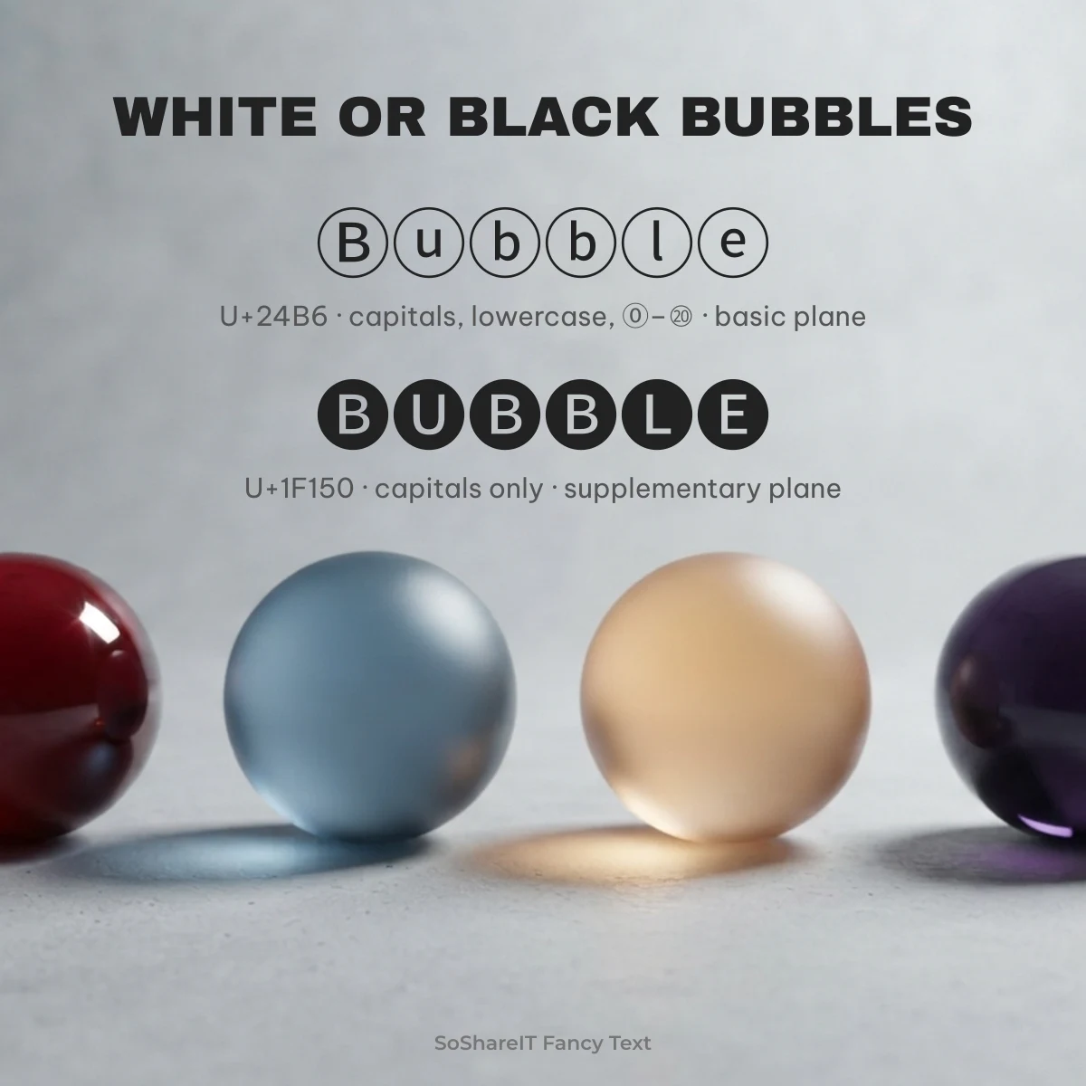 Bubble text white and black circled letters compared