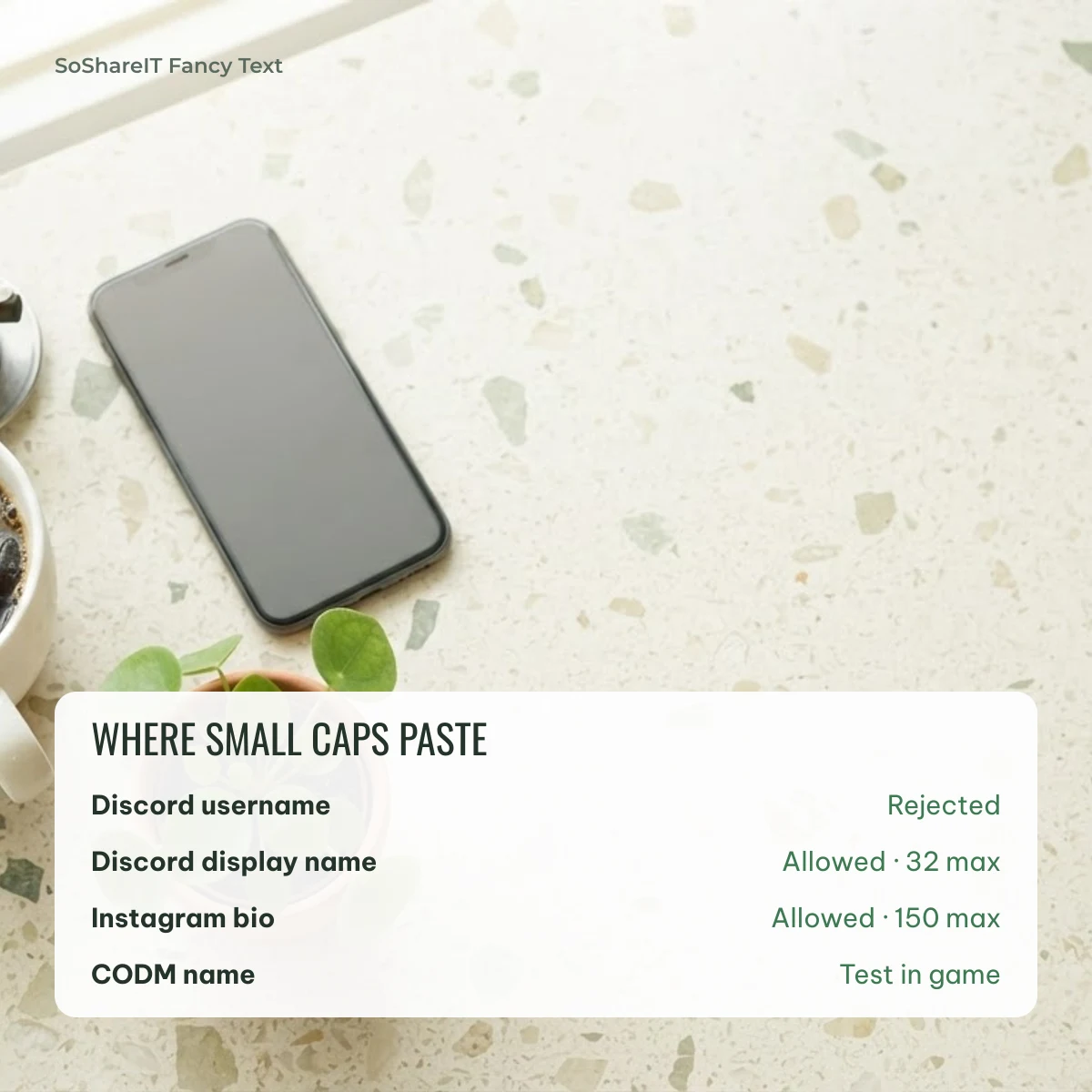 Small caps on Discord Instagram and CODM